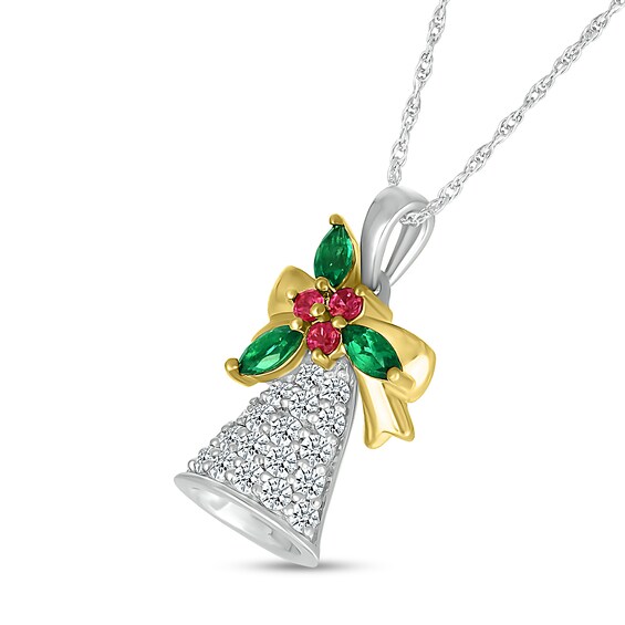 White Lab-Created Sapphire, Lab-Created Ruby and Lab-Created Emerald Bell Pendant in Sterling Silver and 10K Gold