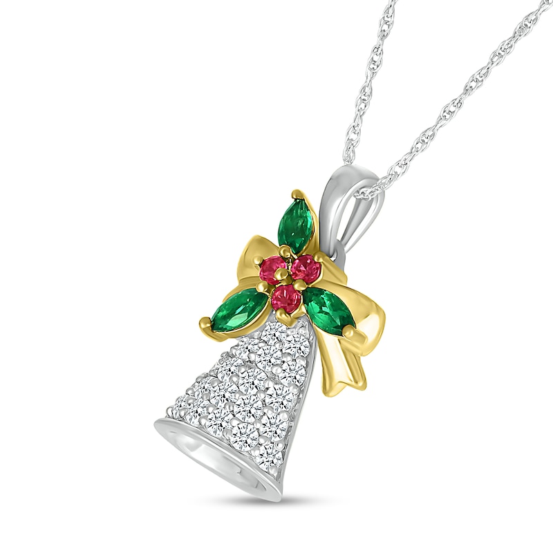Main Image 2 of White Lab-Created Sapphire, Lab-Created Ruby and Lab-Created Emerald Bell Pendant in Sterling Silver and 10K Gold