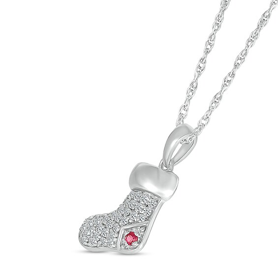White Lab-Created Sapphire and Lab-Created Ruby Christmas Stocking Pendant in Sterling Silver