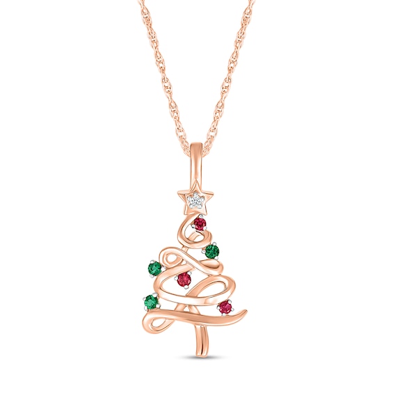 White Lab-Created Sapphire, Lab-Created Ruby and Lab-Created Emerald Christmas Tree Pendant in 10K Rose Gold