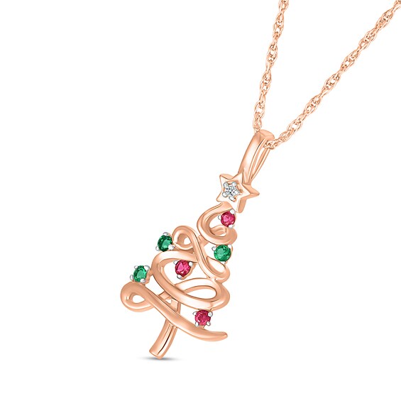 White Lab-Created Sapphire, Lab-Created Ruby and Lab-Created Emerald Christmas Tree Pendant in 10K Rose Gold