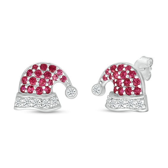 Lab-Created Ruby and White Lab-Created Sapphire Santa Hat Stud Earrings in Sterling Silver