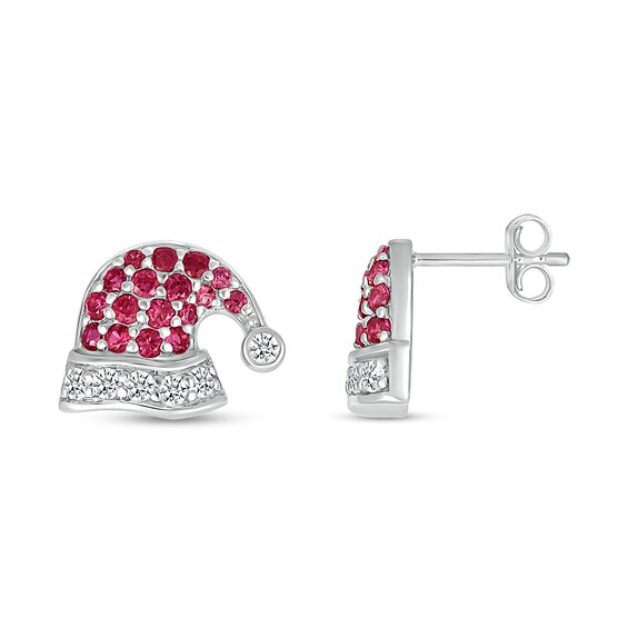 Lab-Created Ruby and White Lab-Created Sapphire Santa Hat Stud Earrings in Sterling Silver