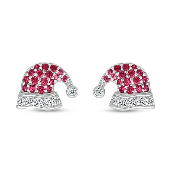 Lab-Created Ruby and White Lab-Created Sapphire Santa Hat Stud Earrings in Sterling Silver