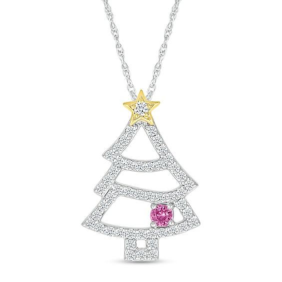 White Lab-Created Sapphire and Pink Lab-Created Sapphire Christmas Tree Pendant in Sterling Silver and 10K Gold