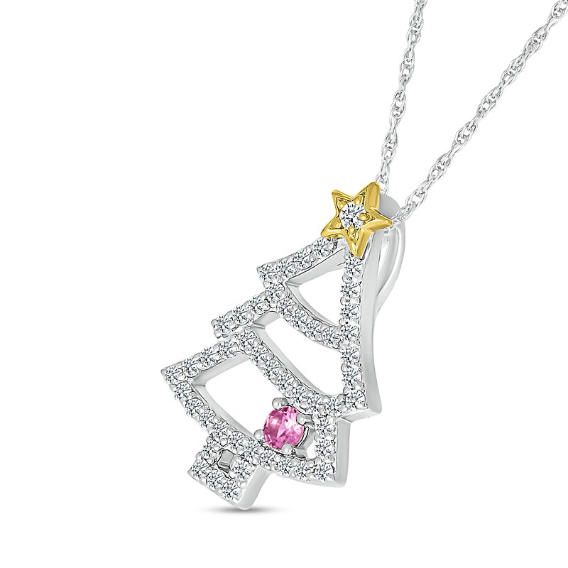 Main Image 2 of White Lab-Created Sapphire and Pink Lab-Created Sapphire Christmas Tree Pendant in Sterling Silver and 10K Gold