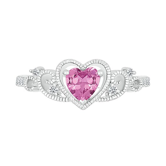 Pink Lab-Created Sapphire and White Lab-Created Sapphire Heart Ring in Sterling Silver