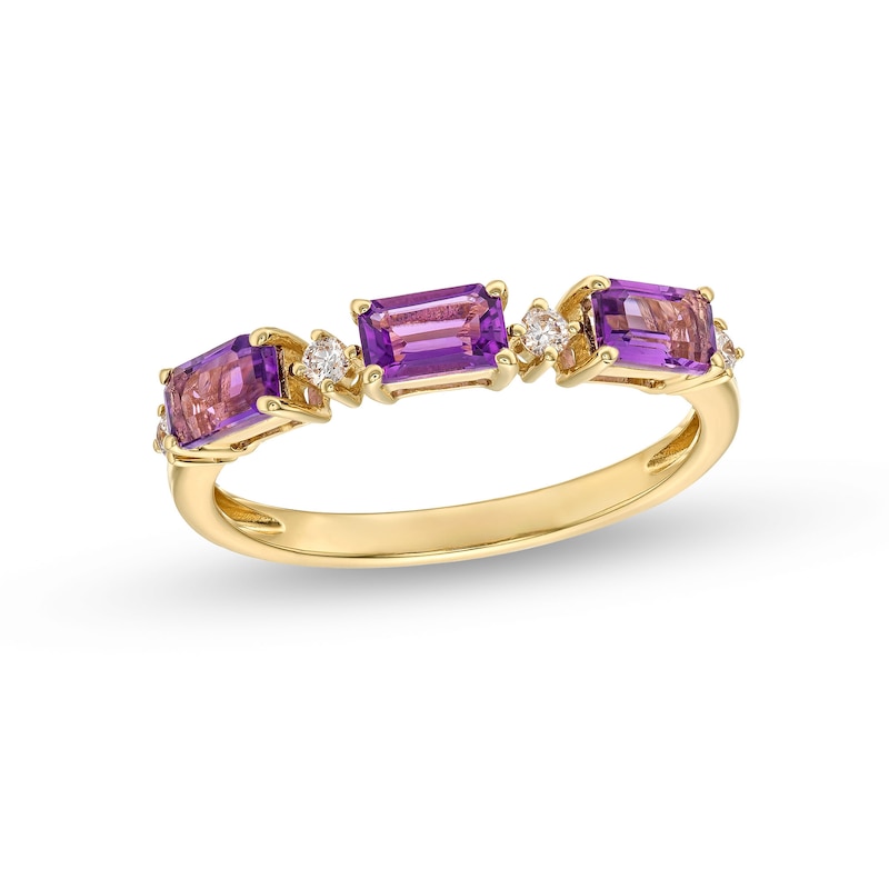 Main Image 1 of Sideways Emerald-Cut Amethyst and 1/15 CT. T.W. Diamond Alternating Three Stone Ring in 10K Gold