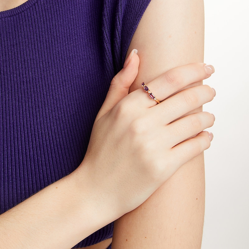 Main Image 2 of Sideways Emerald-Cut Amethyst and 1/15 CT. T.W. Diamond Alternating Three Stone Ring in 10K Gold
