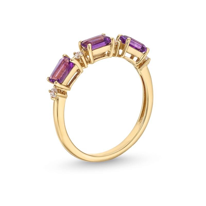 Main Image 3 of Sideways Emerald-Cut Amethyst and 1/15 CT. T.W. Diamond Alternating Three Stone Ring in 10K Gold