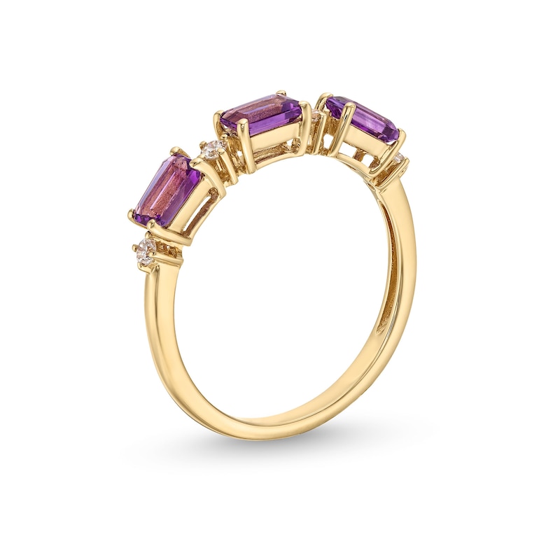 Sideways Emerald-Cut Amethyst and 1/15 CT. T.W. Diamond Alternating Three Stone Ring in 10K Gold