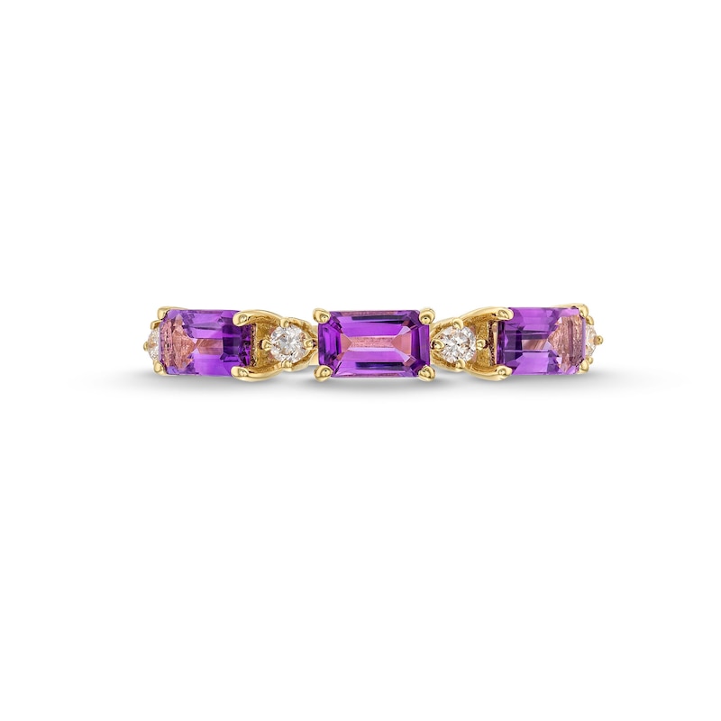 Main Image 4 of Sideways Emerald-Cut Amethyst and 1/15 CT. T.W. Diamond Alternating Three Stone Ring in 10K Gold