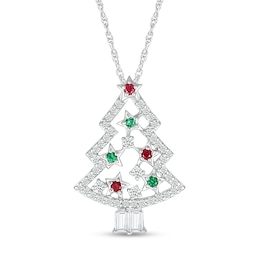 White Lab-Created Sapphire, Lab-Created Ruby and Lab-Created Emerald ChristmasTree Pendant in Sterling Silver