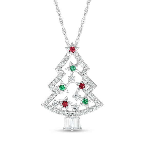 White Lab-Created Sapphire, Lab-Created Ruby and Lab-Created Emerald ChristmasTree Pendant in Sterling Silver