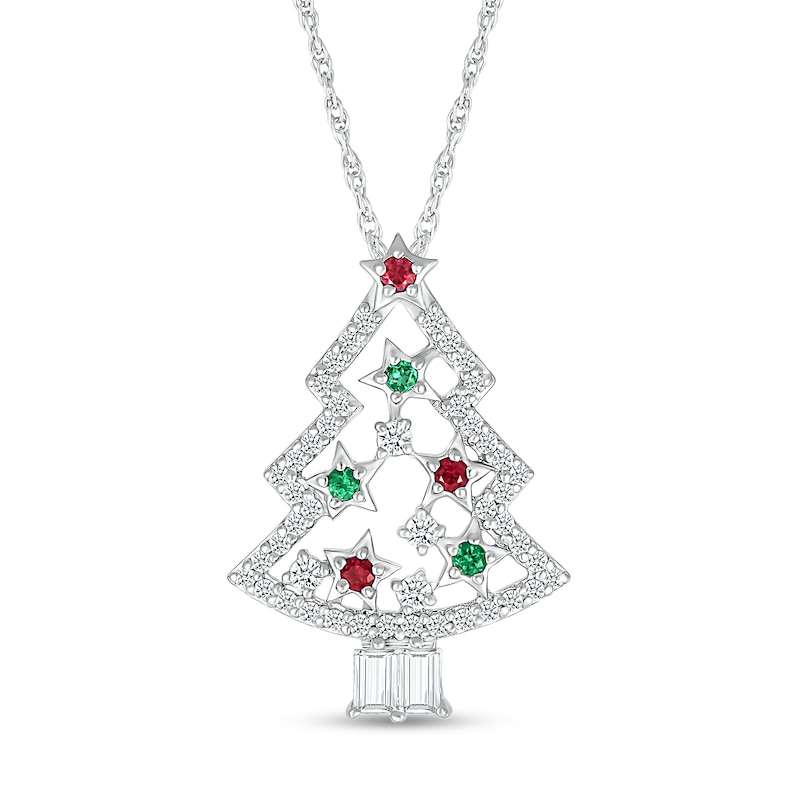 Main Image 1 of White Lab-Created Sapphire, Lab-Created Ruby and Lab-Created Emerald ChristmasTree Pendant in Sterling Silver
