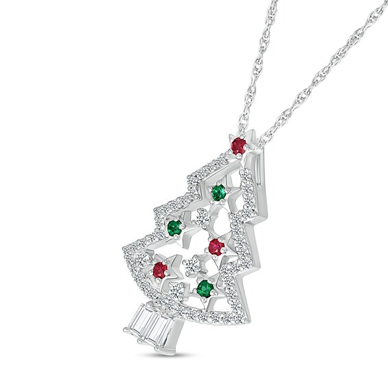 White Lab-Created Sapphire, Lab-Created Ruby and Lab-Created Emerald ChristmasTree Pendant in Sterling Silver