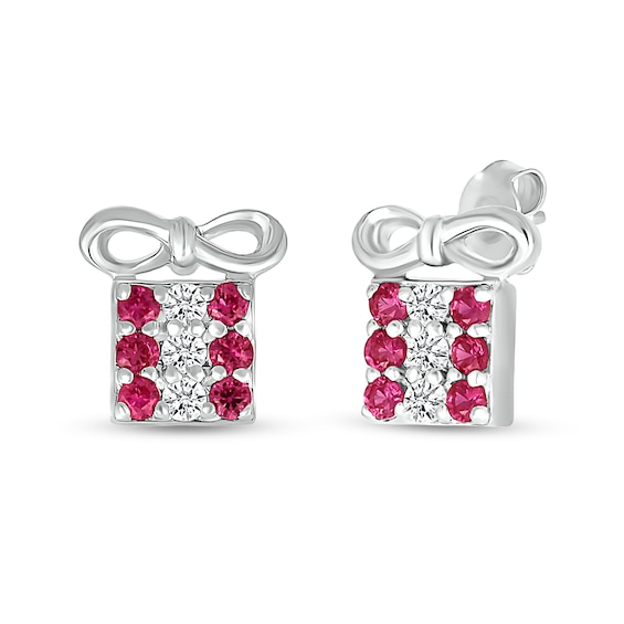 White Lab-Created Sapphire and Lab-Created Ruby Christmas Present Stud Earrings in Sterling Silver