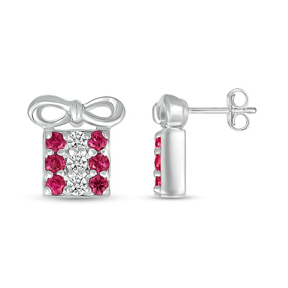White Lab-Created Sapphire and Lab-Created Ruby Christmas Present Stud Earrings in Sterling Silver