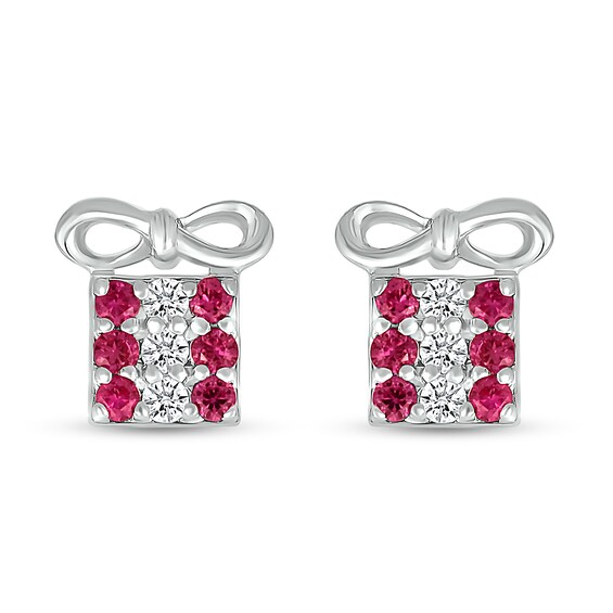 White Lab-Created Sapphire and Lab-Created Ruby Christmas Present Stud Earrings in Sterling Silver
