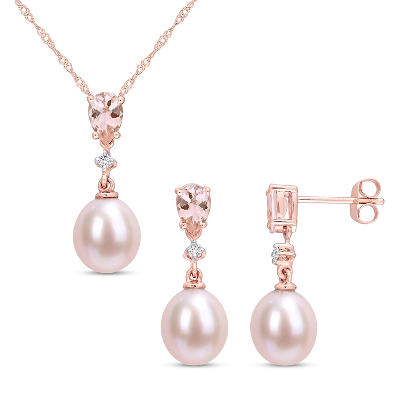 Main Image 1 of 8.0-8.5mm Freshwater Cultured Pearl, Morganite and 1/20 CT. T.W. Diamond Pendant and Earrings Set in 10K Rose Gold