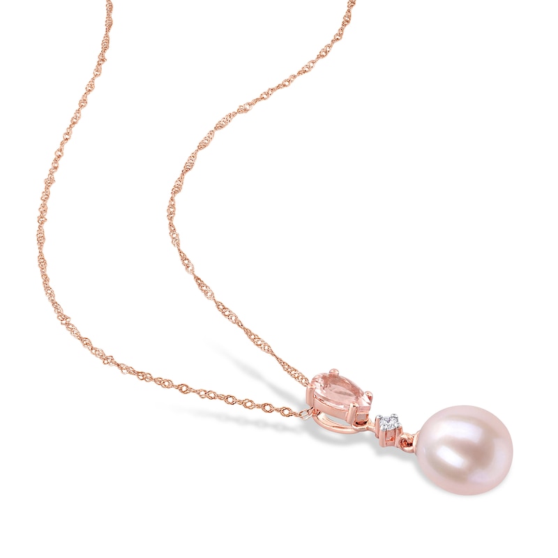 Main Image 2 of 8.0-8.5mm Freshwater Cultured Pearl, Morganite and 1/20 CT. T.W. Diamond Pendant and Earrings Set in 10K Rose Gold