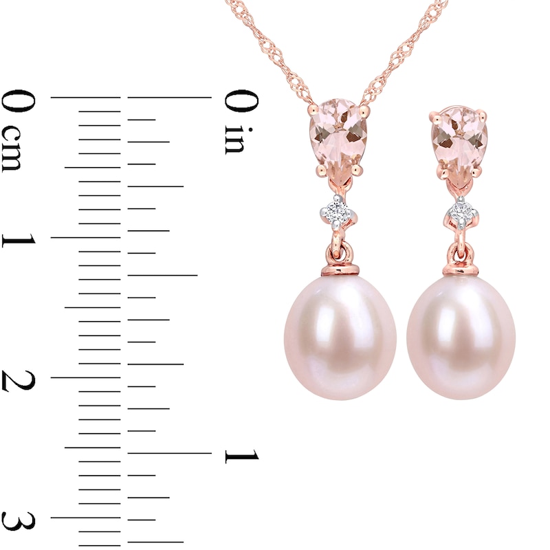 Main Image 3 of 8.0-8.5mm Freshwater Cultured Pearl, Morganite and 1/20 CT. T.W. Diamond Pendant and Earrings Set in 10K Rose Gold
