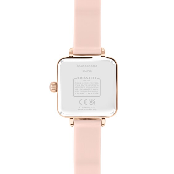 Ladies' Coach Cass Crystal Accent Rose-Tone IP Blush Resin Bangle Watch with Square Pink Dial (Model: 14504309)