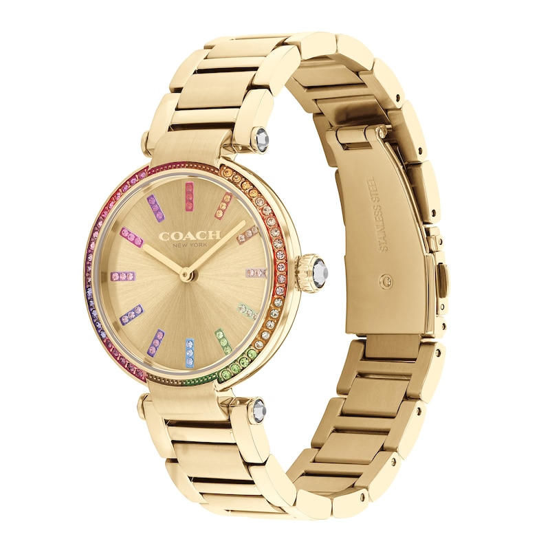 Ladies' Coach Cary Multi-Colored Rainbow Crystal Accent Gold-Tone IP Watch with Gold-Tone Dial (Model: 14504271)