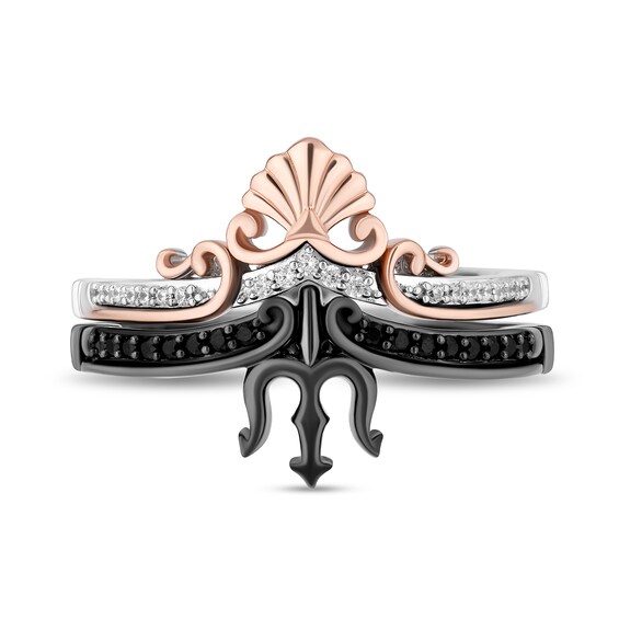 Enchanted Disney 1/5 CT. T.w. Diamond Tiara and Trident Two Piece Ring Set in Sterling Silver and 10K Rose Gold
