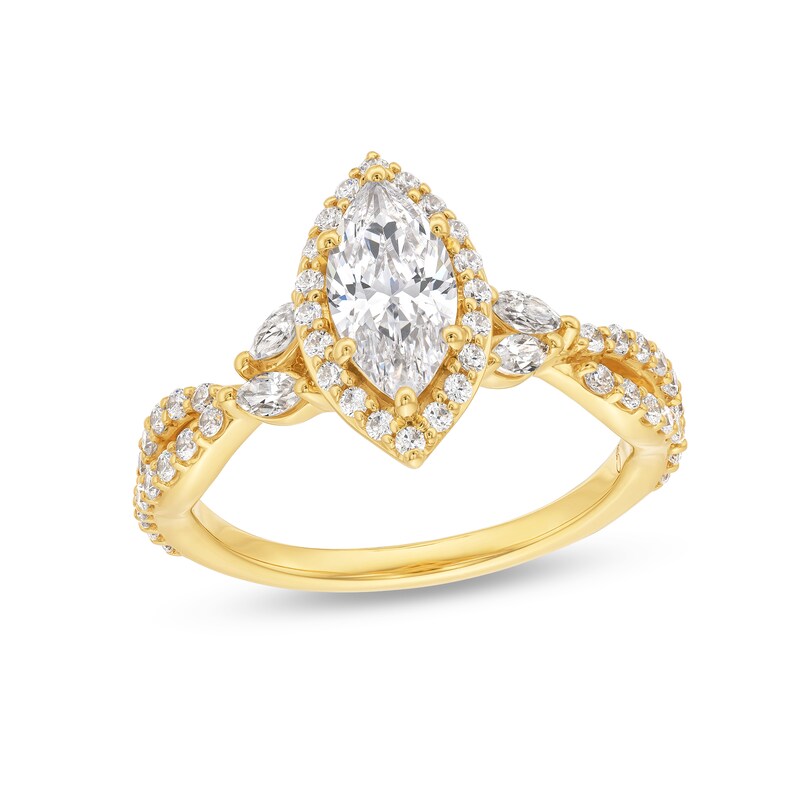 Main Image 1 of 1-1/2 CT. T.W. Marquise Diamond Frame Twist Shank Engagement Ring in 14K Gold
