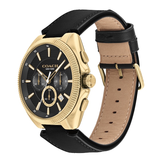 Men's Coach Jackson Gold-Tone IP Black Leather Strap Chronograph Watch with Black Dial (Model: 14602684)