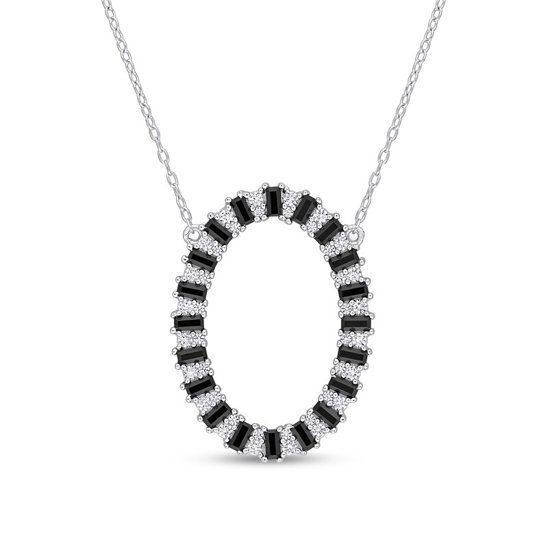 Main Image 1 of Black Spinel and White Lab-Created Sapphire Open Oval Frame Necklace in Sterling Silver