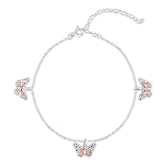 Enchanted Disney Mulan 1/6 CT. T.w. Diamond Butterflies Station Bracelet in Sterling Silver and 10K Rose Gold - 9"