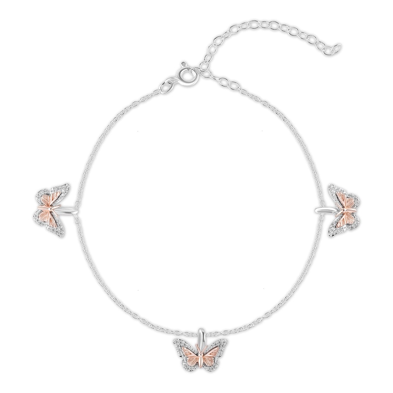 Main Image 1 of Enchanted Disney Mulan 1/6 CT. T.W. Diamond Butterflies Station Bracelet in Sterling Silver and 10K Rose Gold - 9"