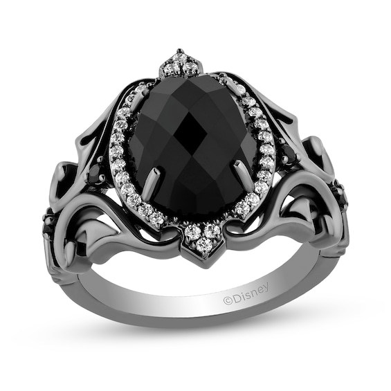 Enchanted Disney Villains Maleficent Oval Onyx and 1/5 CT. T.w. Diamond Frame Ring in Black Rhodium Sterling Silver