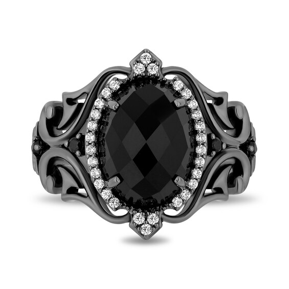Enchanted Disney Villains Maleficent Oval Onyx and 1/5 CT. T.w. Diamond Frame Ring in Black Rhodium Sterling Silver
