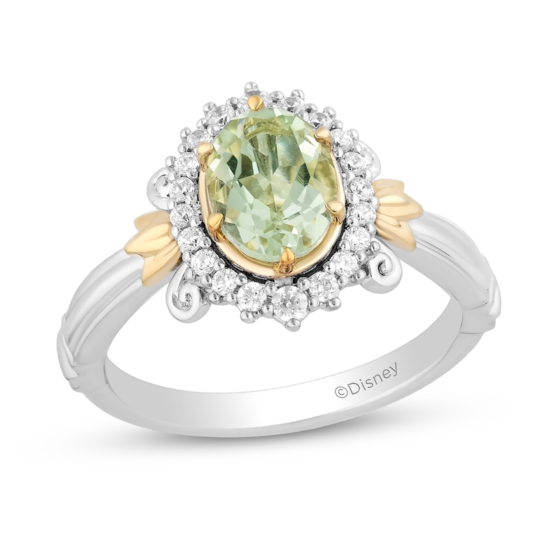 Main Image 1 of Enchanted Disney Tiana Oval Green Quartz and 1/5 CT. T.W. Diamond Frame Ring in Sterling Silver and 10K Gold