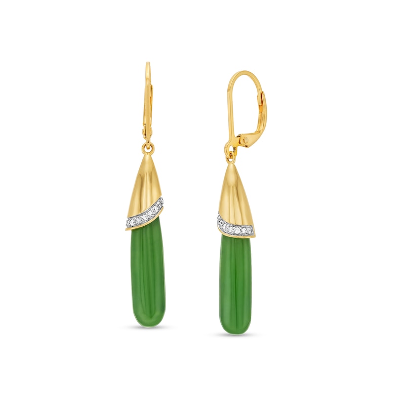 Main Image 1 of Elongated Jade and 1/10 CT. T.W. Diamond Teardrop Earrings in 10K Gold