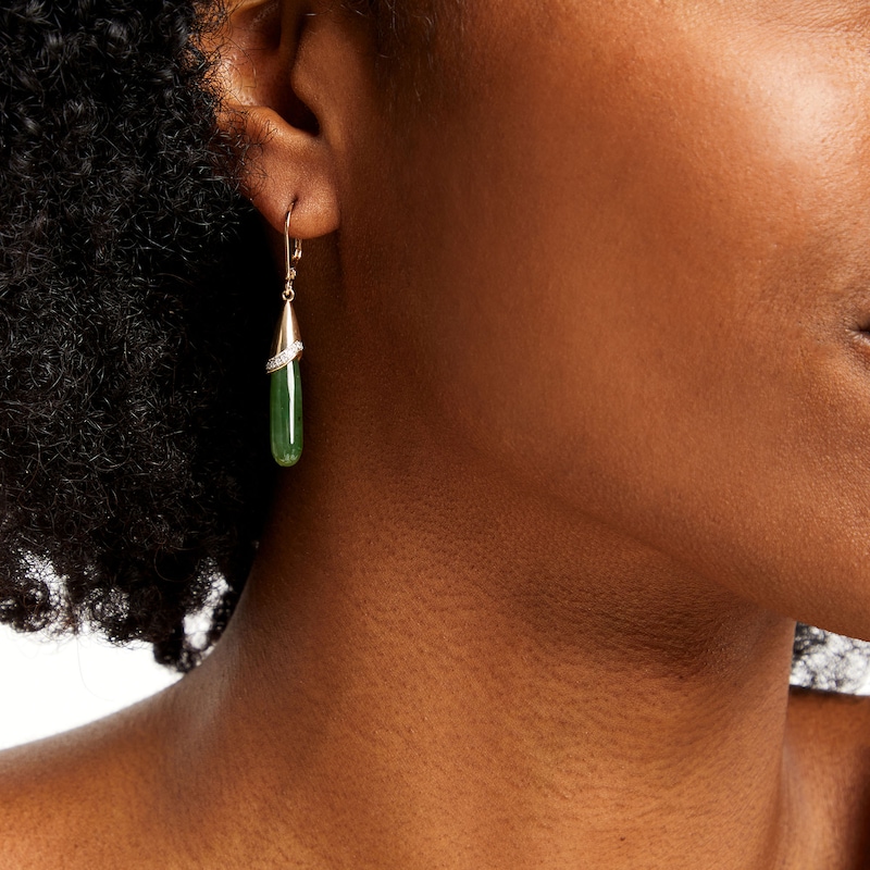 Main Image 2 of Elongated Jade and 1/10 CT. T.W. Diamond Teardrop Earrings in 10K Gold