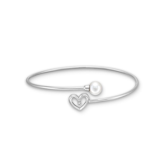 7.0-7.5mm Freshwater Cultured Pearl and Diamond Accent Heart Bypass Bangle in Sterling Silver-7.5"