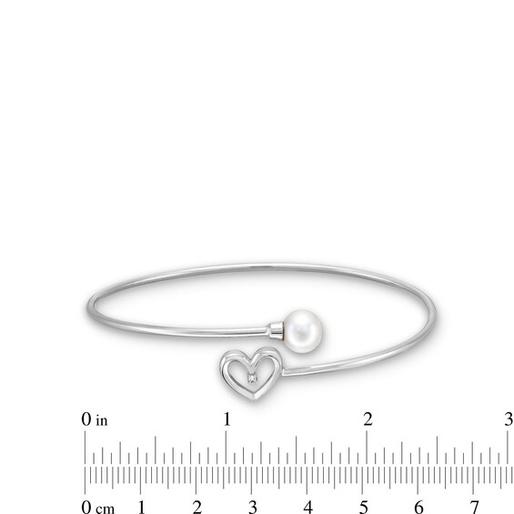 7.0-7.5mm Freshwater Cultured Pearl and Diamond Accent Heart Bypass Bangle in Sterling Silver-7.5"