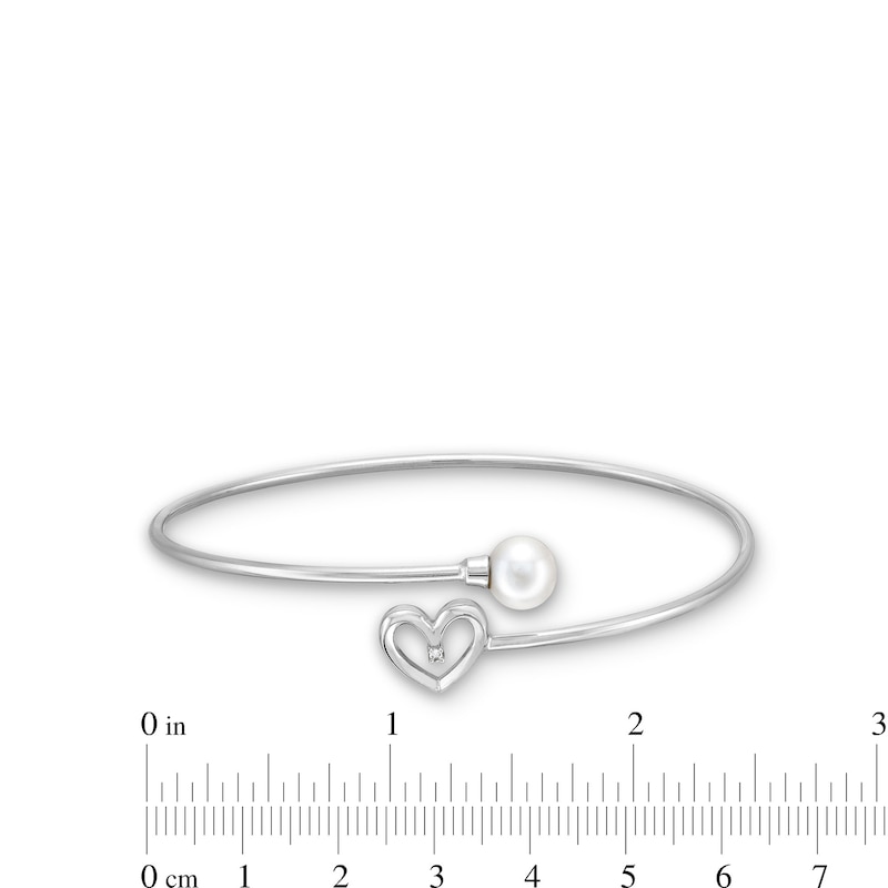 Main Image 3 of 7.0-7.5mm Freshwater Cultured Pearl and Diamond Accent Heart Bypass Bangle in Sterling Silver-7.5"