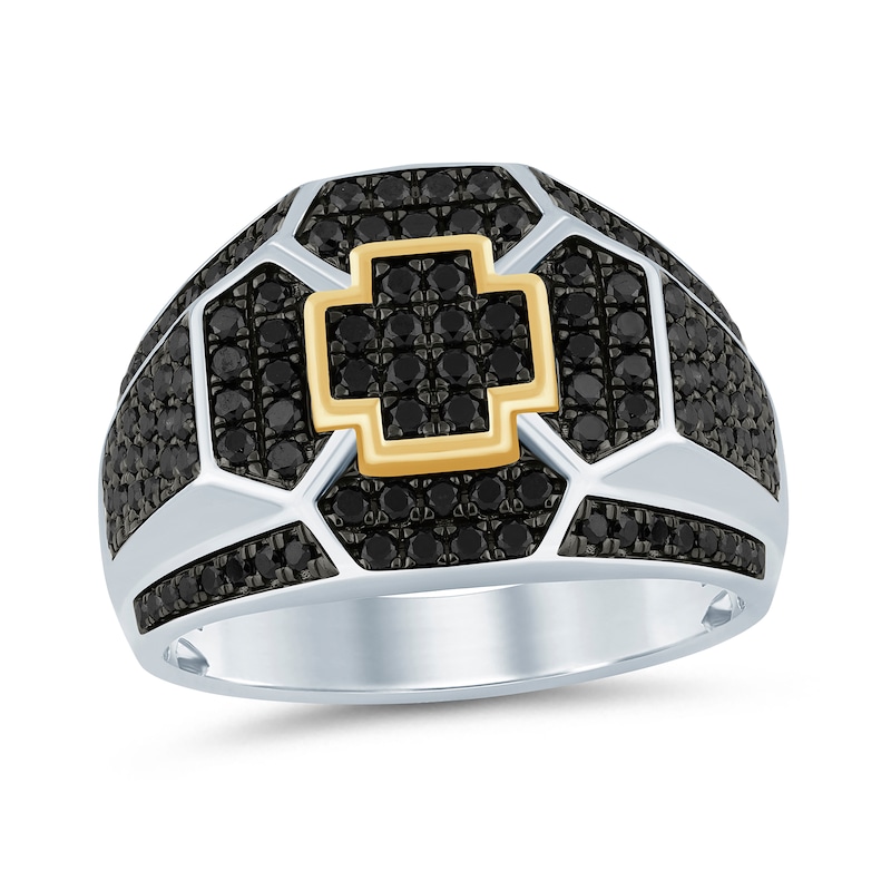 Main Image 1 of Men's 1-1/4 CT. T.W. Black Diamond Geometric Cross Ring in 10K Two-Toned Gold