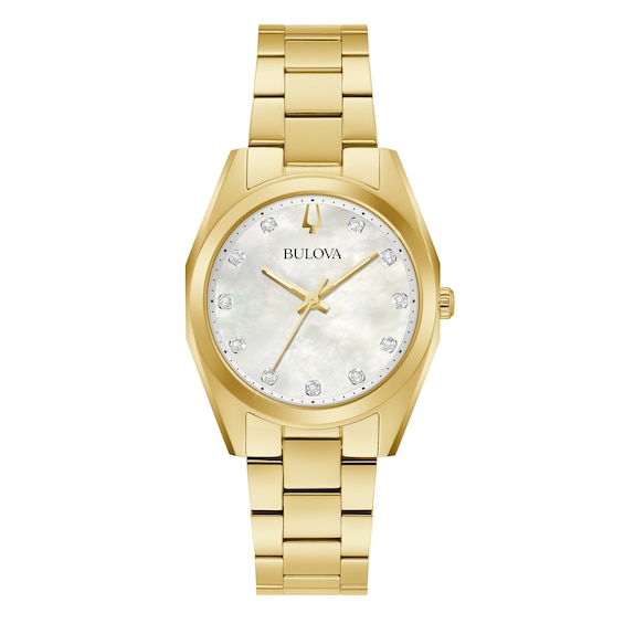 Ladies' Bulova Surveyor Mother-of-Pearl and Diamond Accent Dial Watch in Gold-Tone Stainless Steel (Model 97P172)
