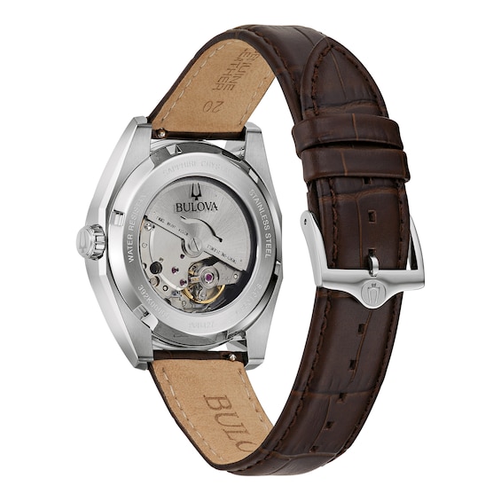 Men's Bulova Surveyor Green Dial Watch in Stainless Steel with Brown Leather Strap (Model 96B427)