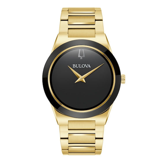 Men's Bulova Millennia Modern Black Dial Watch in Gold-Tone Stainless Steel (Model 97A183)