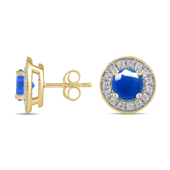 6.0mm Blue Sapphire and 3/8 CT. T.w. Lab-Grown Diamond Frame Vintage-Style Stud Earrings in 14K Gold