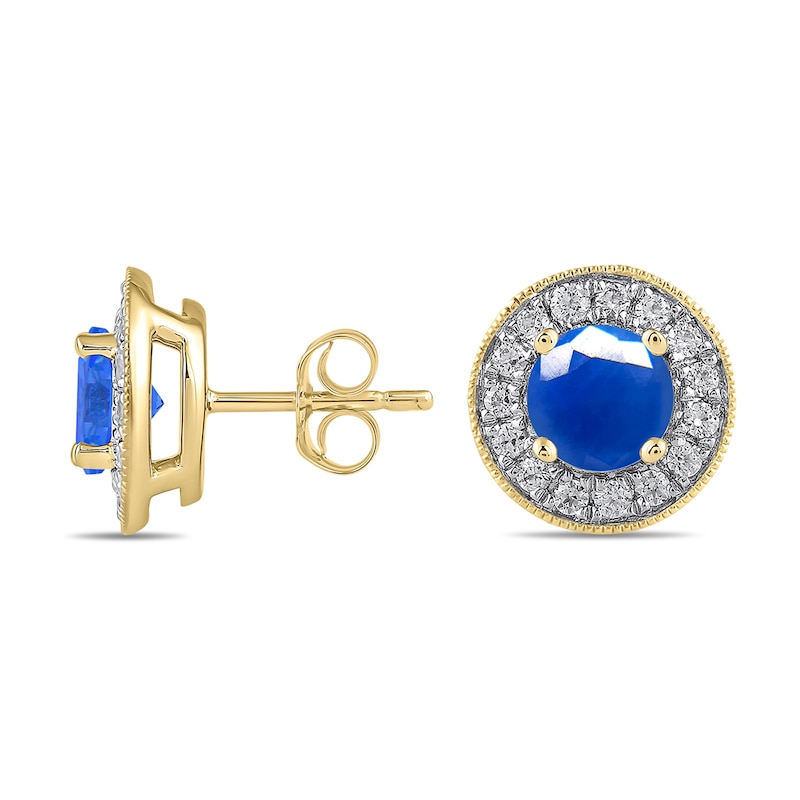 Main Image 1 of 6.0mm Blue Sapphire and 3/8 CT. T.W. Lab-Grown Diamond Frame Vintage-Style Stud Earrings in 14K Gold