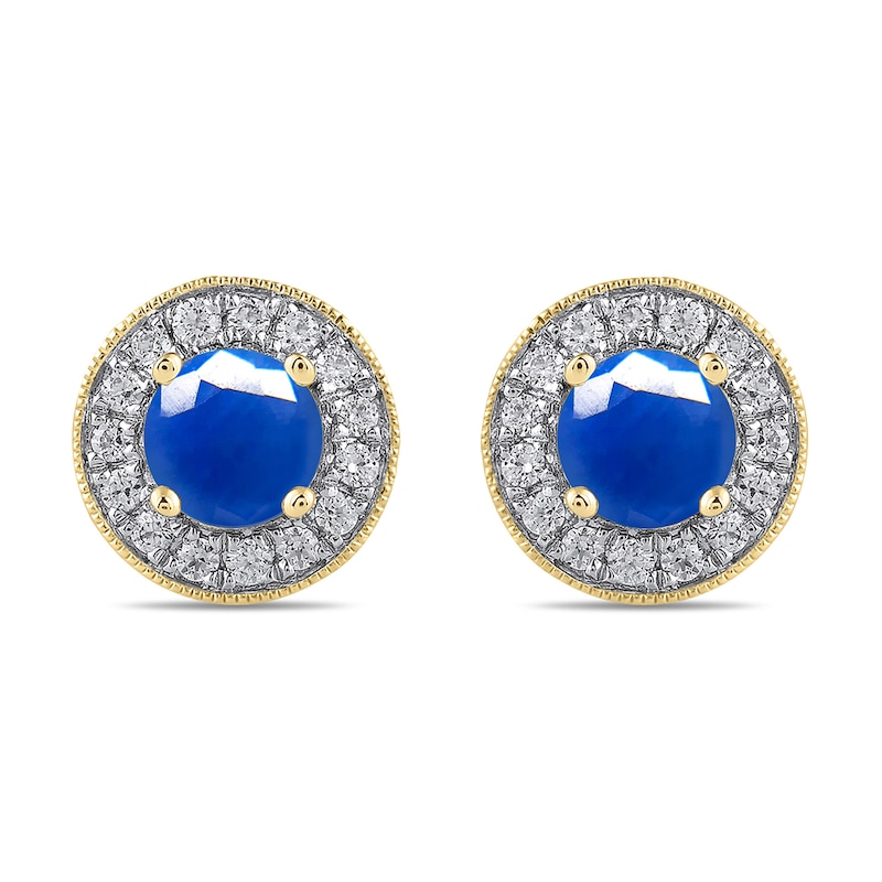 Main Image 2 of 6.0mm Blue Sapphire and 3/8 CT. T.W. Lab-Grown Diamond Frame Vintage-Style Stud Earrings in 14K Gold