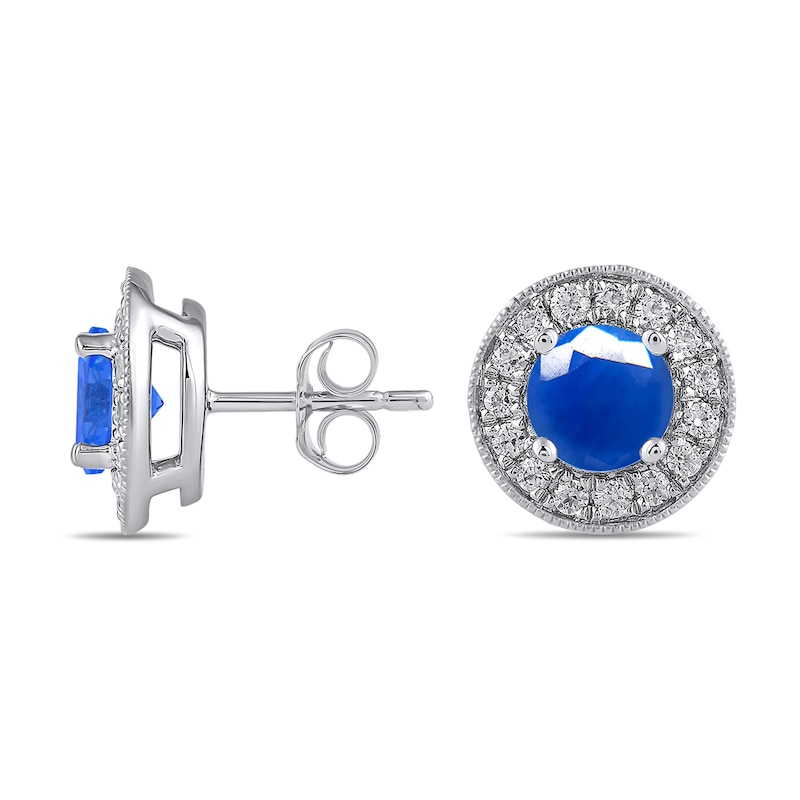 Main Image 1 of 6.0mm Blue Sapphire and 3/8 CT. T.W. Lab-Grown Diamond Frame Vintage-Style Stud Earrings in 14K White Gold